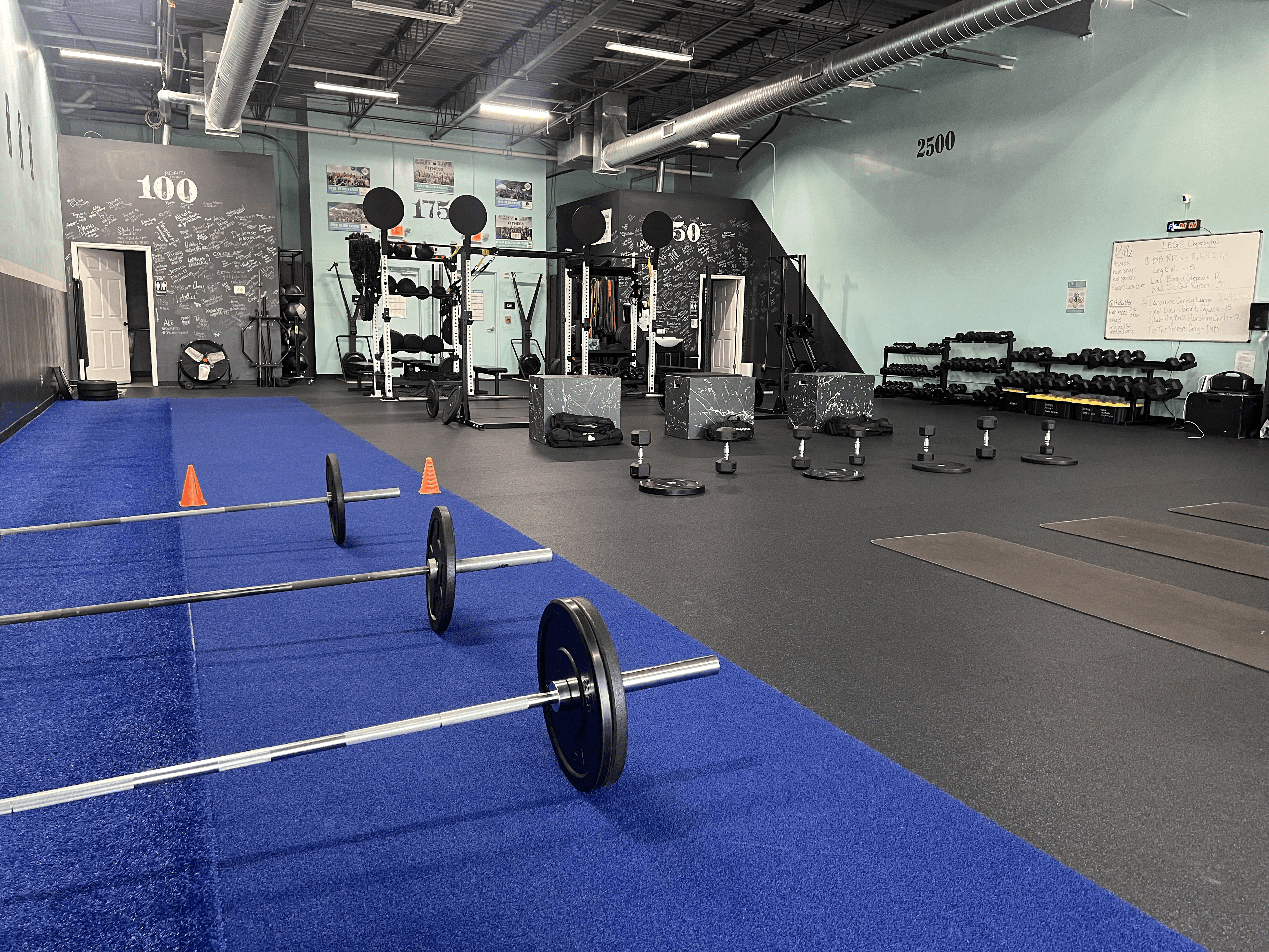 Turf lane with loaded barbells